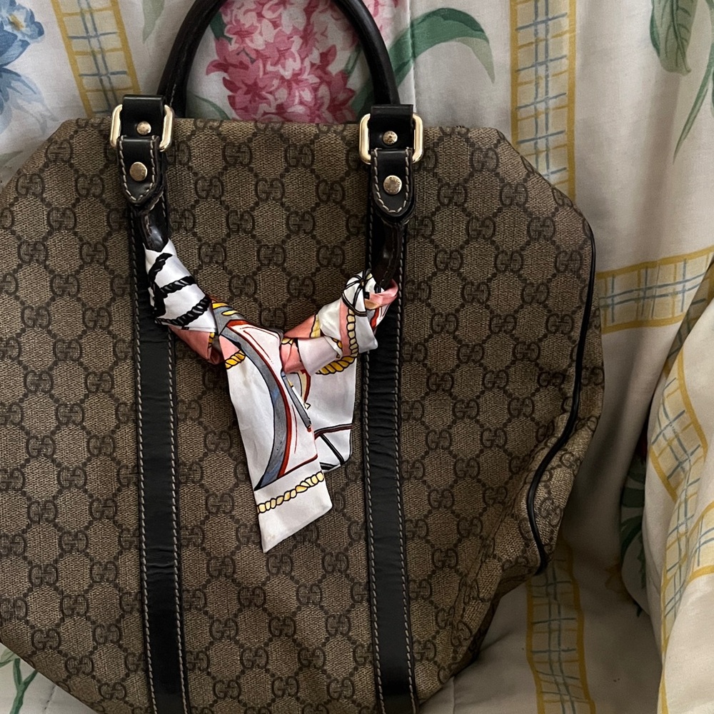 Designer-Patterned Brown Tote Bag with Black Trim